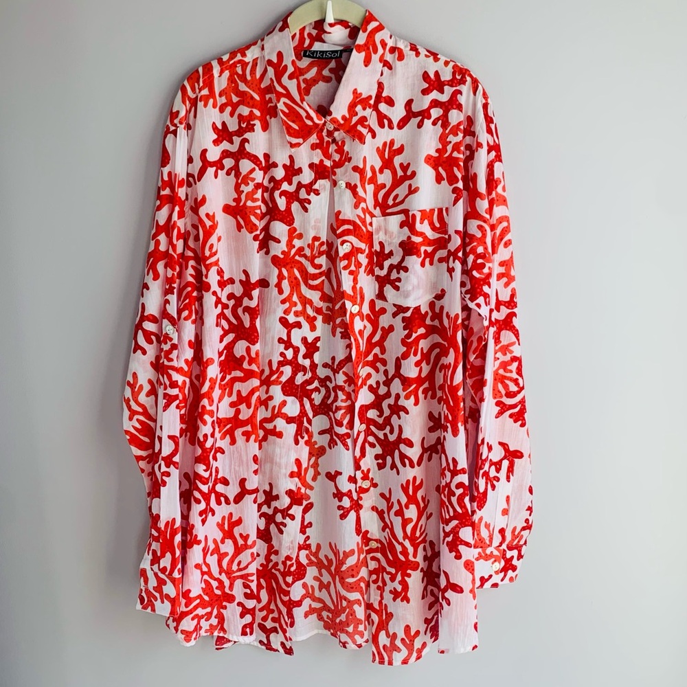 NWOT Kikisol Button Up Shirt Cover Up Coral Red Orange White Cotton Vacation XL